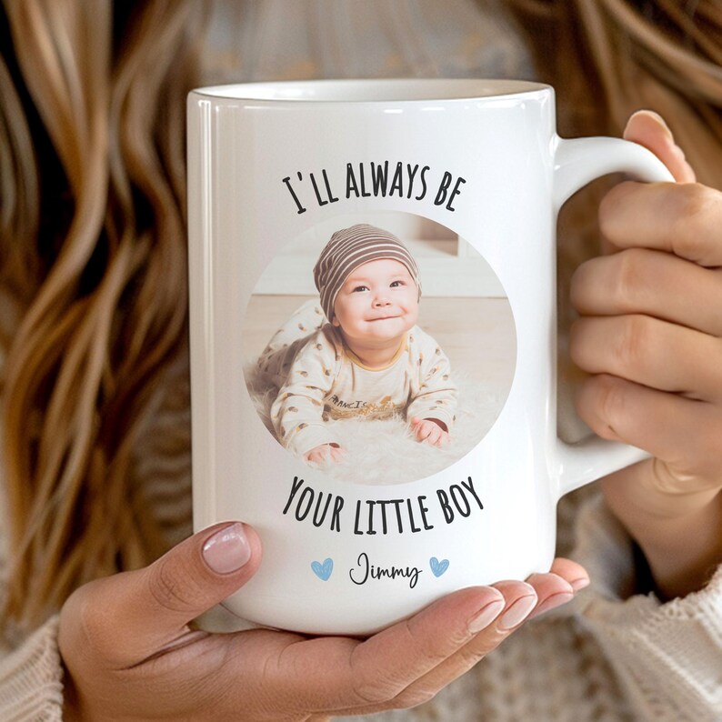 Custom photo mug from son to mom, featuring child’s name and picture. A meaningful and personal birthday gift idea for mothers of any age.
