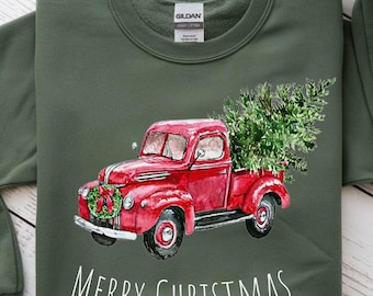 Merry Christmas Truck Crewneck Classic Red Truck Shirt Christmas Tree Farm Sweatshirt Matching Family Shirts Christmas Truck Family Sweater