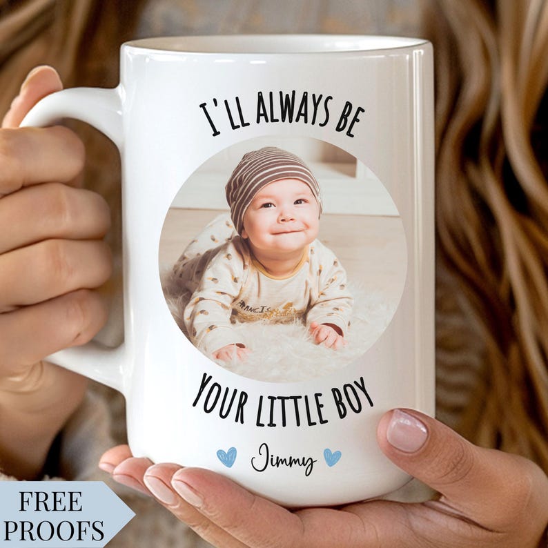 Personalized photo mug from son to mom featuring child’s name and picture. Unique birthday Valentines Mothers day gift idea from kid to mom, perfect keepsake for coffee or tea lovers