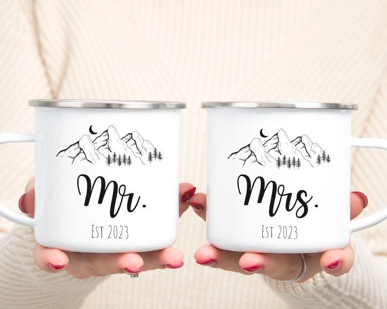 Mr and Mrs Camp Mugs Set, Personalized Wedding Gifts, Mr Mrs Campfire Mugs, Mountains Elopement Gift, Enamel Camping Mugs Set image 1