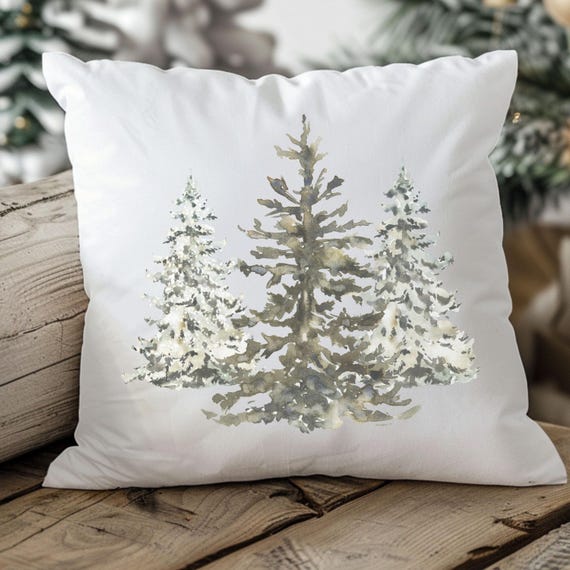 Modern Farmhouse Winter Pillow Cover For Couch Pine Trees Forest Pillow Decor Watercolor Winter Woodland Home Minimalist Great Room Gift