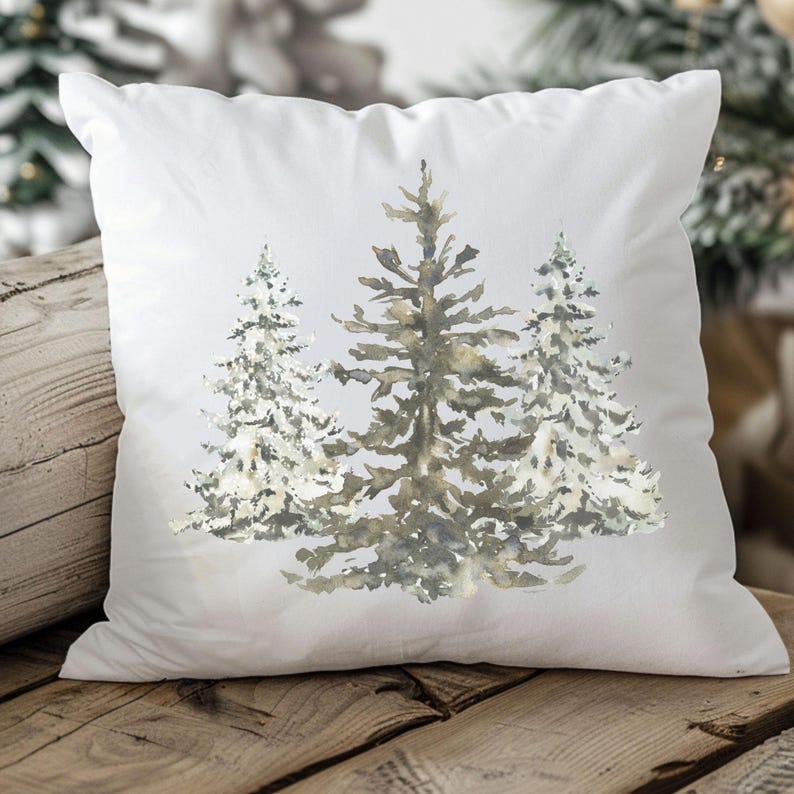 modern farmhouse winter pillow cover minimalist pine tree design watercolor forest pillow decorative throw for couch or living room woodland christmas decor winter home accent great room cushion gift cozy seasonal holiday pillow for rustic modern decor style