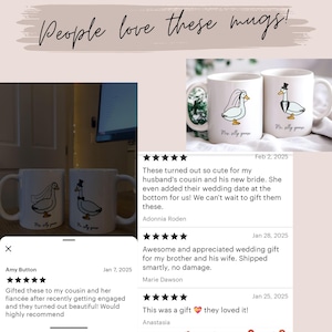May include: White ceramic mugs featuring a whimsical goose couple design. One goose wears a bridal veil, the other a tuxedo. The mugs are labeled "Mrs. Silly Goose" and "Mr. Silly Goose", perfect for a wedding or anniversary gift.