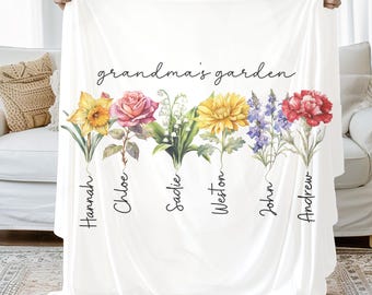 Custom Birth Flower Throw Blanket Gift For Grandma With Grandkids Name Mothers Day Gift From Son To Nana Gift From Husband To Mom Sweet Gift