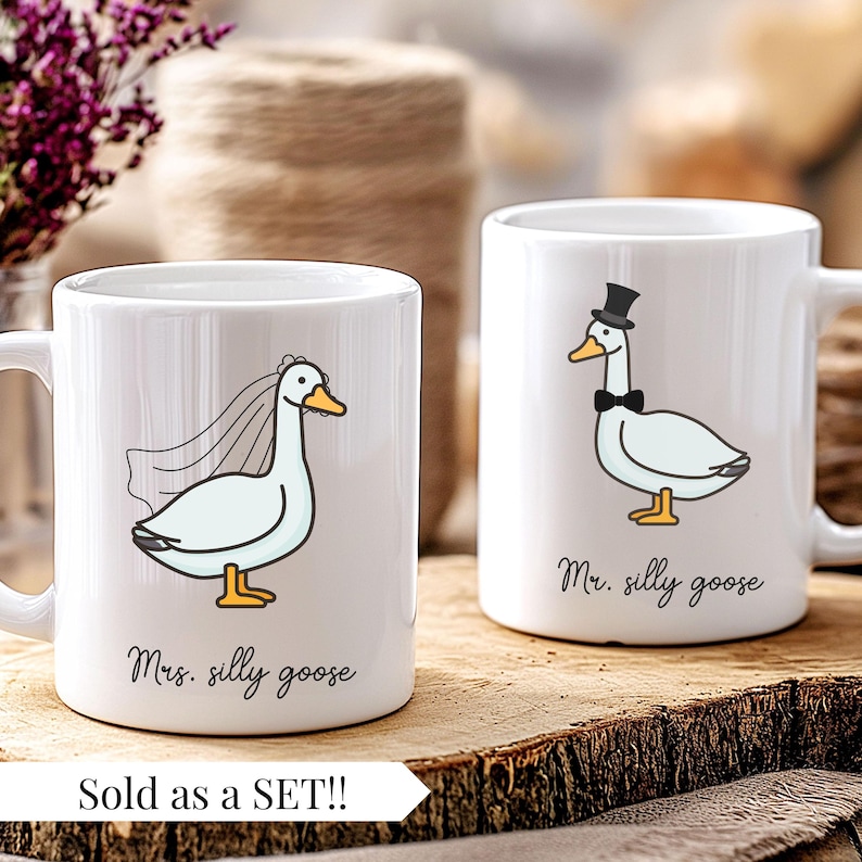 Funny Silly Goose mugs for couples, personalized Mr and Mrs coffee cups, unique wedding gift for new husband and goose lovers with humorous custom design. Matching silly goose mugs for couples with customizable Mr and Mrs design, a funny wedding gift for newlyweds, husbands, or goose lovers alike! Funny Gift For Couple Silly Goose Mugs For Mr And Mrs Personalized