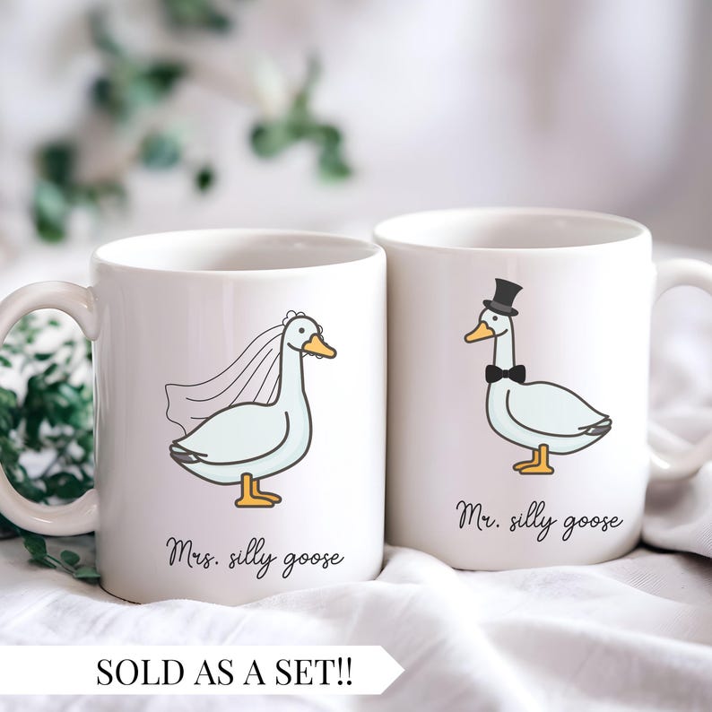 Funny Silly Goose coffee mug set for couples, personalized Mr and Mrs wedding gift, custom goose lover cups for newlyweds or anniversaries. Funny Gift For Couple Silly Goose Mugs For Mr And Mrs Personalized Silly Goose Custom Cup For Wedding Gift For New Husband Funny Goose Lover