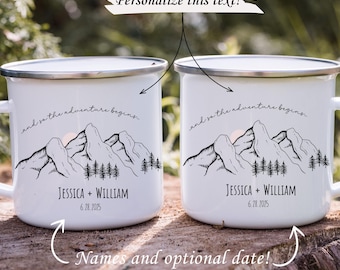 Personalized Wedding Gift For Mountain Elopement Gift For New Couple From Friend Bridal Shower Gift For Anniversary Custom Enamel Camp Mugs