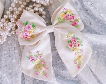 Pure silk hair bow Hand embroidered barrettes  French barrette White hair bows Floral embroidery barrettes Gift for her Personalized gifts