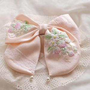 Pure silk hair bow Hand embroidered barrettes  French barrette Pink hair bow Floral embroidery Gifts for her Handmade gift Bridesmaid gifts