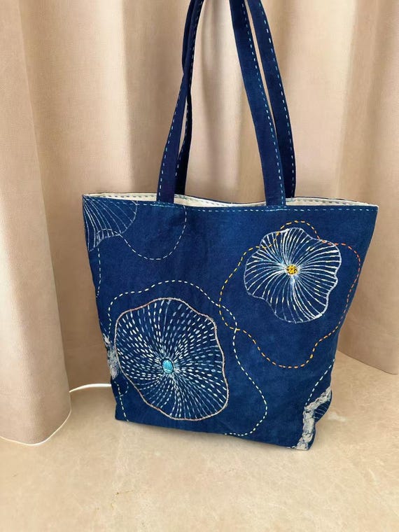 Hand embroidered tote bag Handmade fabric handbag Batiked cotton shoulder  bag Indigo botanical cotton bag Marine life embroidery - Main Image