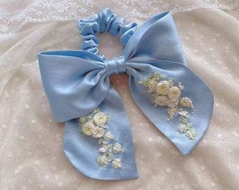 Pure silk hand embroidered hair scarf for women Blue elastic hair tie Silk ribbon bow scrunchies Ponytail bow hair scarf Floral embroidery