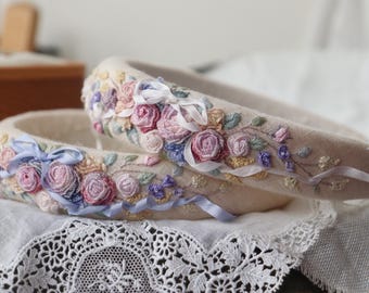 Handgeborduurde hoofdband met bloemen Handgemaakte stoffen hoofdband Hoofdband in bosstijl Linnen katoenen stof haaraccessoires