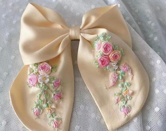 Pure silk hair bow Hand embroidered barrettes  French barrette Yellow hair bows Floral embroidery barrettes Gift for her Personalized gifts