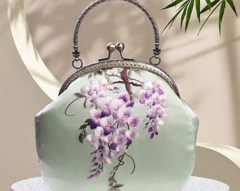 Wisteria embroidered mulberry silk handbag Hand-embroidered wedding bag Floral kiss lock evening bag