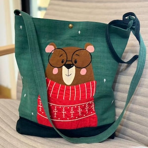 Handmade Patchwork Cotton Bag, Bear Applique Crossbody Bag, Quilted Shoulder Tote Bag