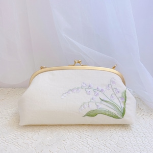 Bolsos de mano con diseño de lirios del valle bordados a mano Bolsa de maquillaje de tela Bolso de mano hecho a mano Bolso de noche Regalos únicos Recuerdos personalizados