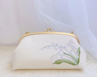 Hand embroidered clutch Lily of the Valley embroidery Handmade fabric makeup pouch Floral embroidery bag Linen cotton fabric Gift for Mother