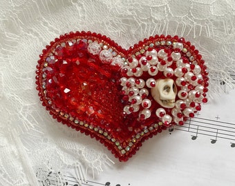 Hand embroideried beaded brooch Handmade brooch Heart broochs Gift for Halloween Handmade Jewellery  Wearable art