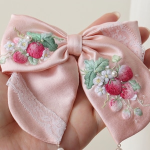 Pure silk hair bow Hand embroidered barrettes  French barrette Pink hair bow Floral embroidery Gifts for kids Handmade gift Bridesmaid gifts