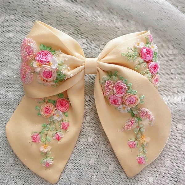 Pure silk hair bow Hand embroidered barrettes  French barrette Yellow hair bows Floral embroidery barrettes Gift for her Personalized gifts