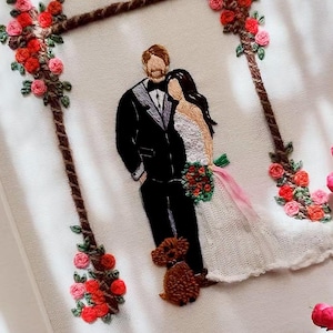 Pamiątka ślubna haftowana ręcznie. Portret ślubny z haftem na zamówienie. Spersonalizowany prezent ślubny. Pamiątka ręcznie robiona z ramką.