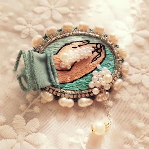 Hand embroidered brooch Handmade brooch pin Handmade jewelry  Embroidery hands brooch Pearl brooch pin