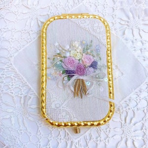Antique lace mirror Hand embroidered pocket mirro Floral embroidery compact mirror Makeup mirror Hand mirror Gift for her Bridesmaid gift