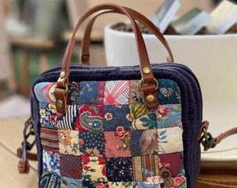 Bolso Cottagecore hecho a mano con patchwork, bolso bandolera con asa de cuero acolchado floral, bolso de hombro con apliques antiguos, bolso de mano con asa de cuero.