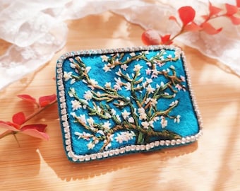 Van Gogh Almond Blossom brooch Almond blossom embroidery Hand embroidered fabric brooch Handmade fabric pin  Wearable Art