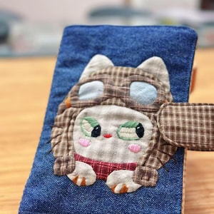 Handmade Fabric Notebook Wallet A6, Patchwork Cat Planner Cover with Zipper Pouch, Journal Organizer, Cute Car Fabric Wallet