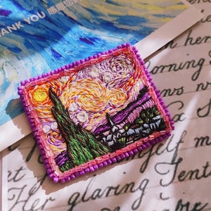 Van Gogh The Starry Night painting embroiderey Hand embroidered brooch Handmade brooch Famous art hand embroidery Fabric brooch pin