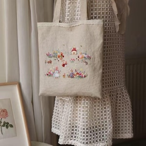 Hand bestickte Einkaufstasche Freizeittasche Baumwoll-Einkaufstasche Wiederverwendbare Einkaufstasche Baumwoll-Reisetasche Handgemachte Schultertasche Einzigartiges Geschenk Tierliebhaber