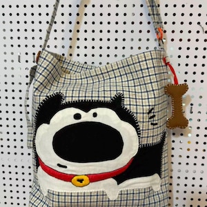 Borsa in cotone patchwork fatta a mano, borsa a tracolla con applicazioni di cani, borsa tote trapuntata