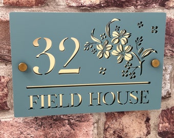 House Number Sign, Acrylic Modern Door Number & Road Name Plaque – Custom Address Sign for New Home or First Home Gift, Floral Design