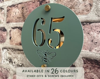 House Number Sign, Acrylic Modern Door Number & Road Name Plaque – Custom Address Sign for New Home or First Home Gift Round, Bee