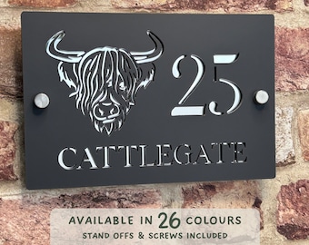 House Number Sign, Acrylic Modern Door Number & Road Name Plaque – Custom Address Sign for New Home or First Home Gift Highland Cow Coo