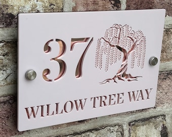Numero civico, numero civico moderno in acrilico e targa con nome stradale - Targa con indirizzo personalizzata per regalo di nuova casa o prima casa Willow Tree Design
