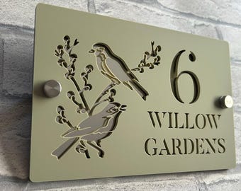 House Number Sign, Acrylic Modern Door Number & Road Name Plaque – Custom Address Sign for New Home or First Home Gift Bird on Branch