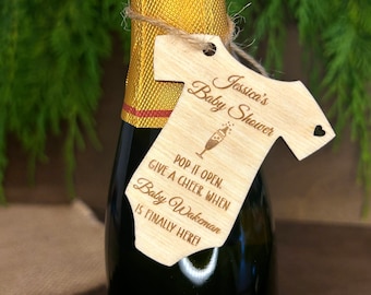 Personalised Baby Shower Prosecco Tag: Laser Engraved Bubbly Favor