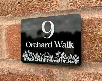 Custom Acrylic House Number Sign: Modern Door Address Plaque, Floral Wild Flowers, Bin Sign