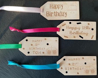 Personalised Wooden Birthday Gift Tag: Laser Engraved