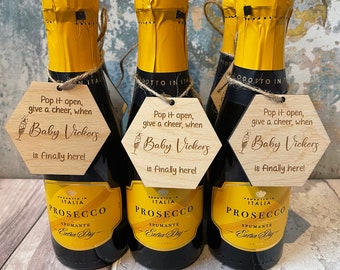 Personalised Baby Shower Favour Tags: Champagne Prosecco Bubbly - Pop It When She Pops - Double Sided