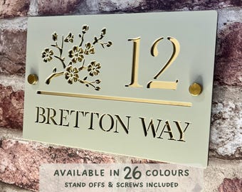 House Number Sign, Acrylic Modern Door Number & Road Name Plaque – Custom Address Sign for New or First Home Gift, Blossom, Floral, Flower