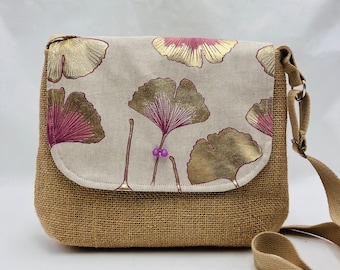 Sac bandoulière en toile de jute et ginkgo