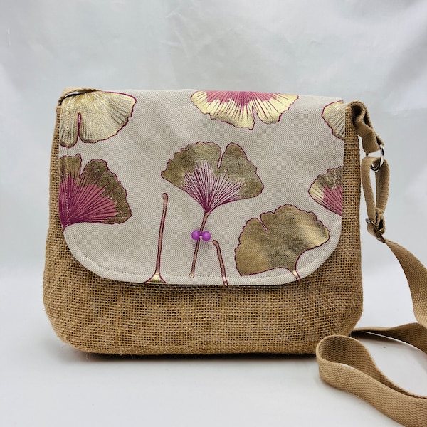 Sac bandoulière en toile de jute et ginkgo