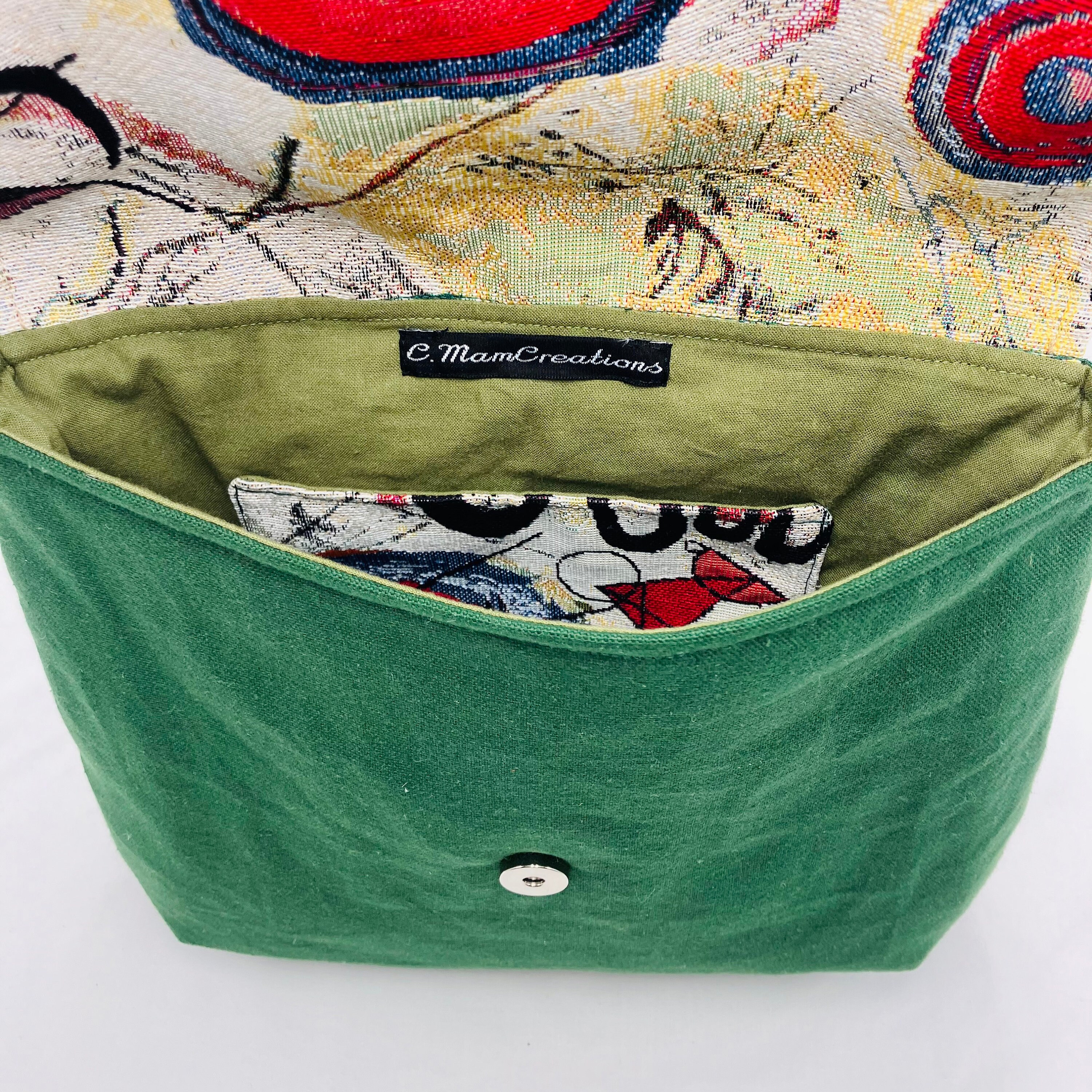 Green Shoulder Bag With Abstract Flap Inspired by Kandinsky