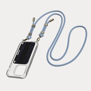 MARINE - Funda Keebos tipo bandolera con billetera (correa azul y blanca) para iPhone y Samsung. Correa azul en la funda.