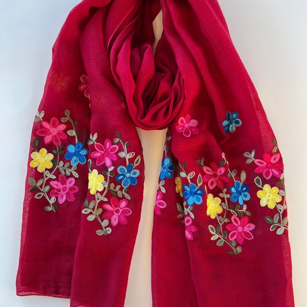 Red Floral Soft Embroidery Thin Scarf for Women, Hand made scarf, Gift for her, Christmas Gift, Birth Day, Beach Wrap