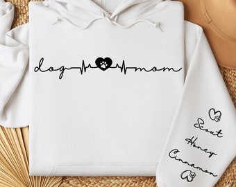 Custom Dog Mom Hoodie with Pet Names on Sleeve, Personalized Dog Mom Hoodie, Dog Lover Hoodie, Cute Gift Hoodie for Dog Mom, Dog Owner Tee