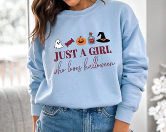 Just a Girl Who Loves Halloween Shirt Sweatshirt, Cute Ghost Pumpkin Tee, Spooky Season Hoodie, Halloween Gift for Women